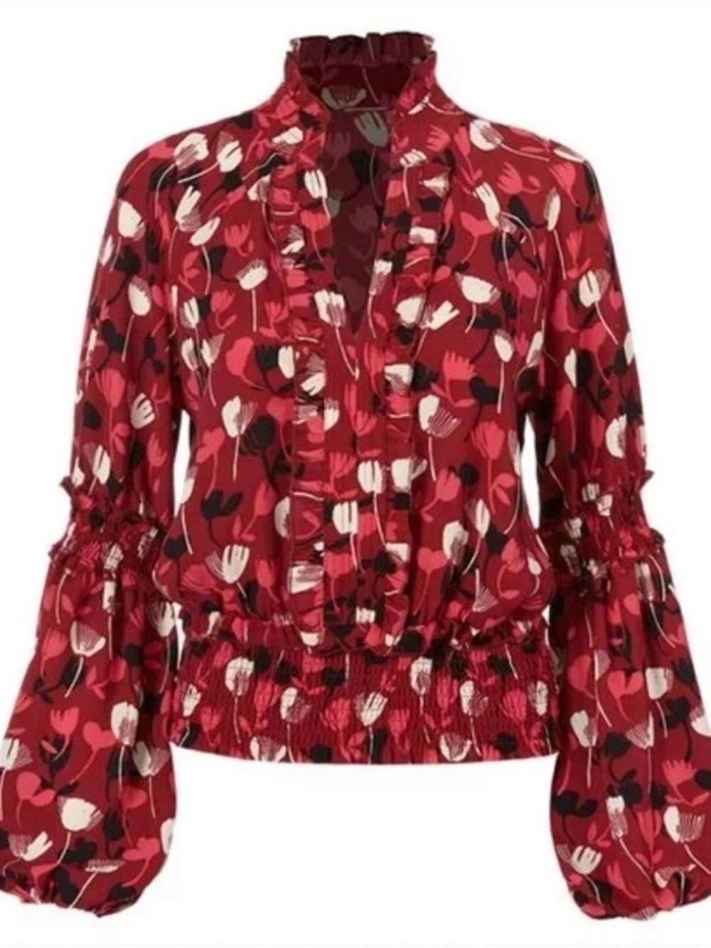CAbi Burgundy Floral Smocked-Waist Blouse - Picture 2 of 7